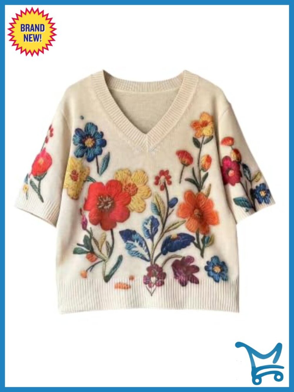 Women's Boho Floral Half Sleeve V-Neck Pullover Sweater Loose Knit Top